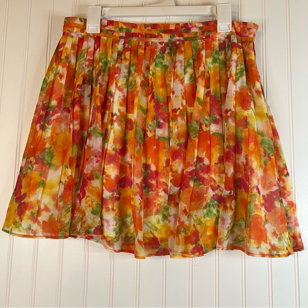 Vintage Orange Floral Pleated Mini Skirt, Size 10